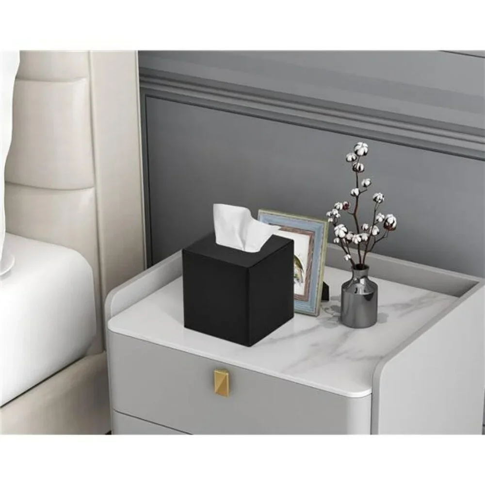 Black PU leather square tissue box cover holder for bathroom bedroom office deco